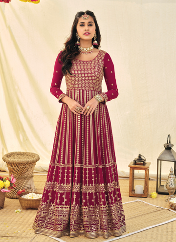 Magenta Pink Georgette Thread Work Long Anarkali Dress